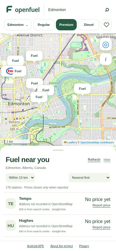OpenFuel showing real OpenStreetMap stations in Edmonton; pump prices stay blank until reported